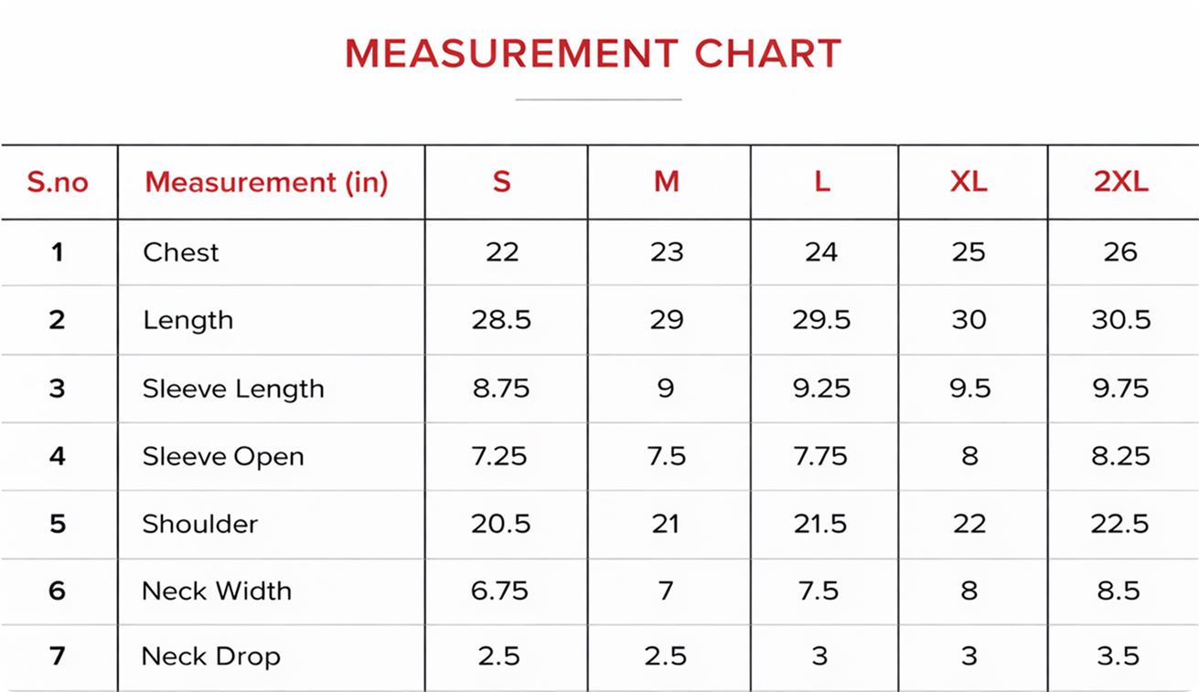 LURI T shirt Size Chart