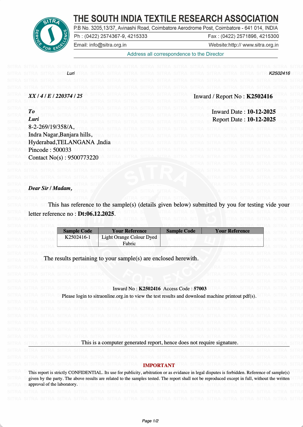 LURI - THE SOUTH INDIA TEXTILE RESEARCH ASSOCIATION