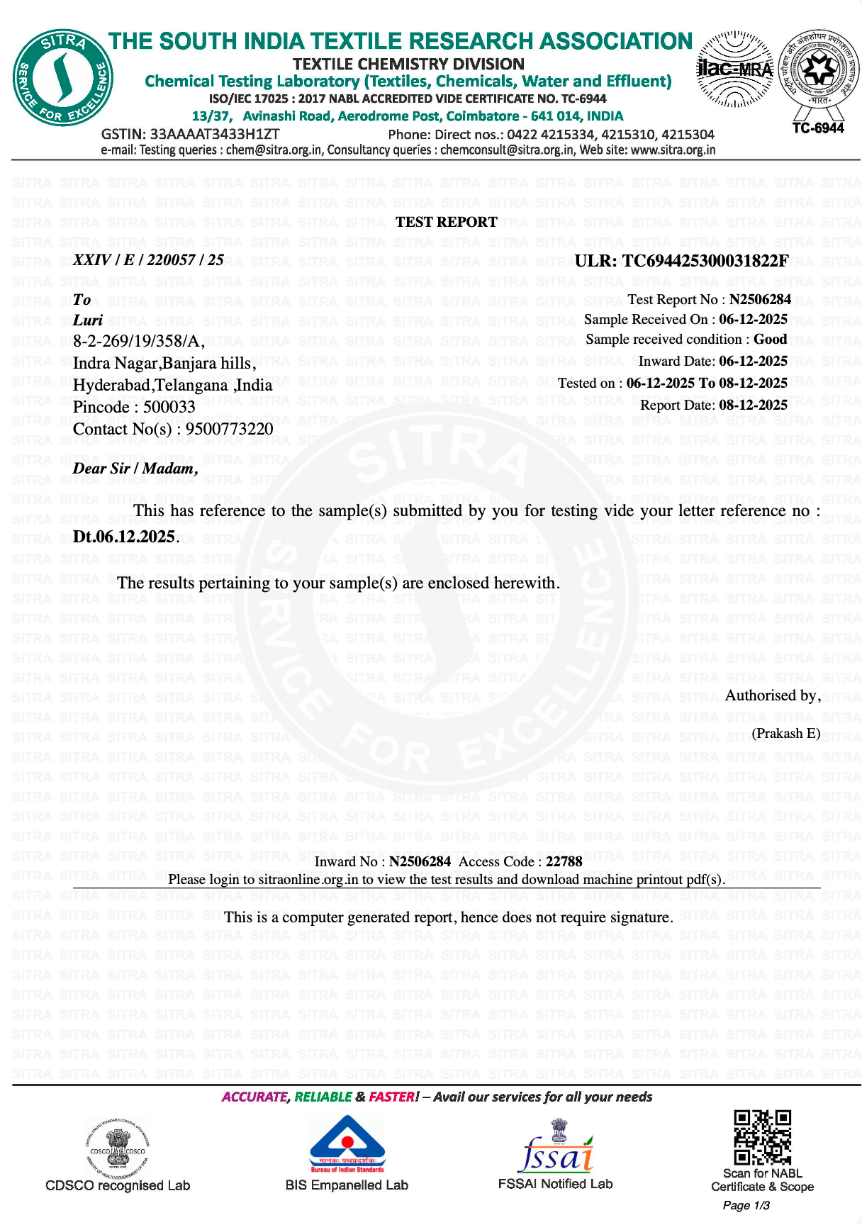 LURI - THE SOUTH INDIA TEXTILE RESEARCH ASSOCIATION